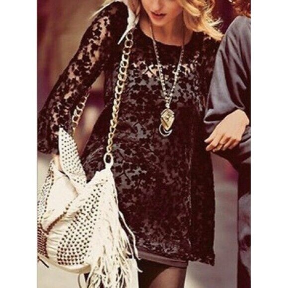 Gypsy Junkies x Free People Black Floral Lace & Velvet Bell Slv Tunic Mini Dress - Picture 8 of 13